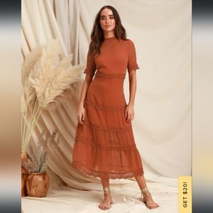 Dreaming of You Rust Orange Swiss Dot Midi Dress